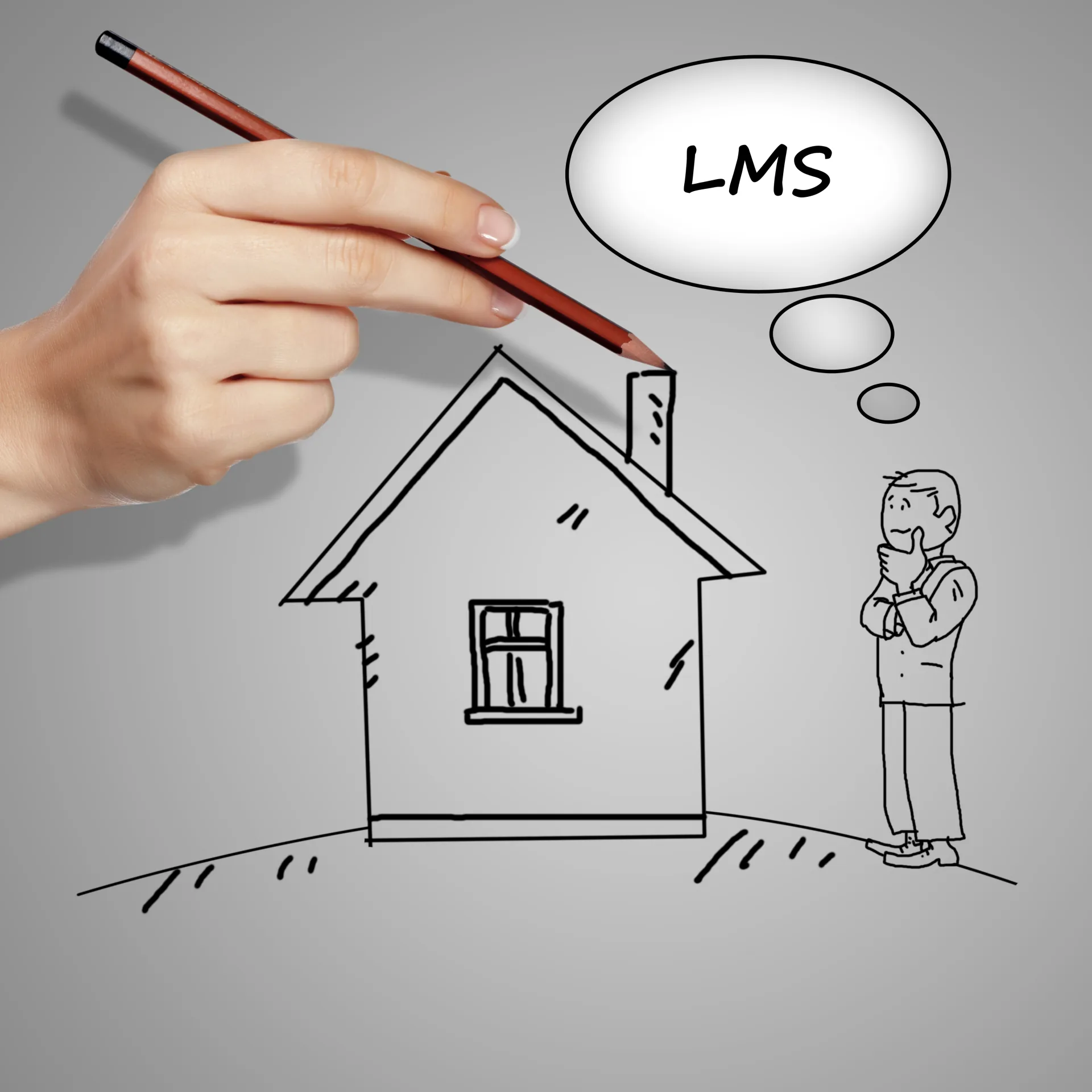 Disegno di una casa stilizzata con una mano che la costruisce e una persona che pensa alla scelta di un LMS