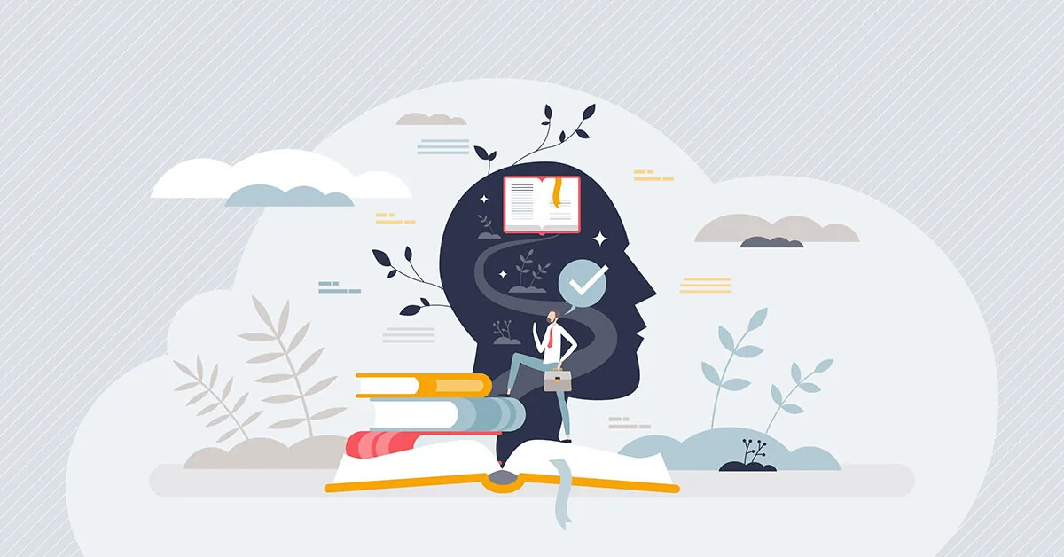 Persona stilizzata che sale su libri aperti davanti a una sagoma di testa con percorso ramificato e simboli di apprendimento