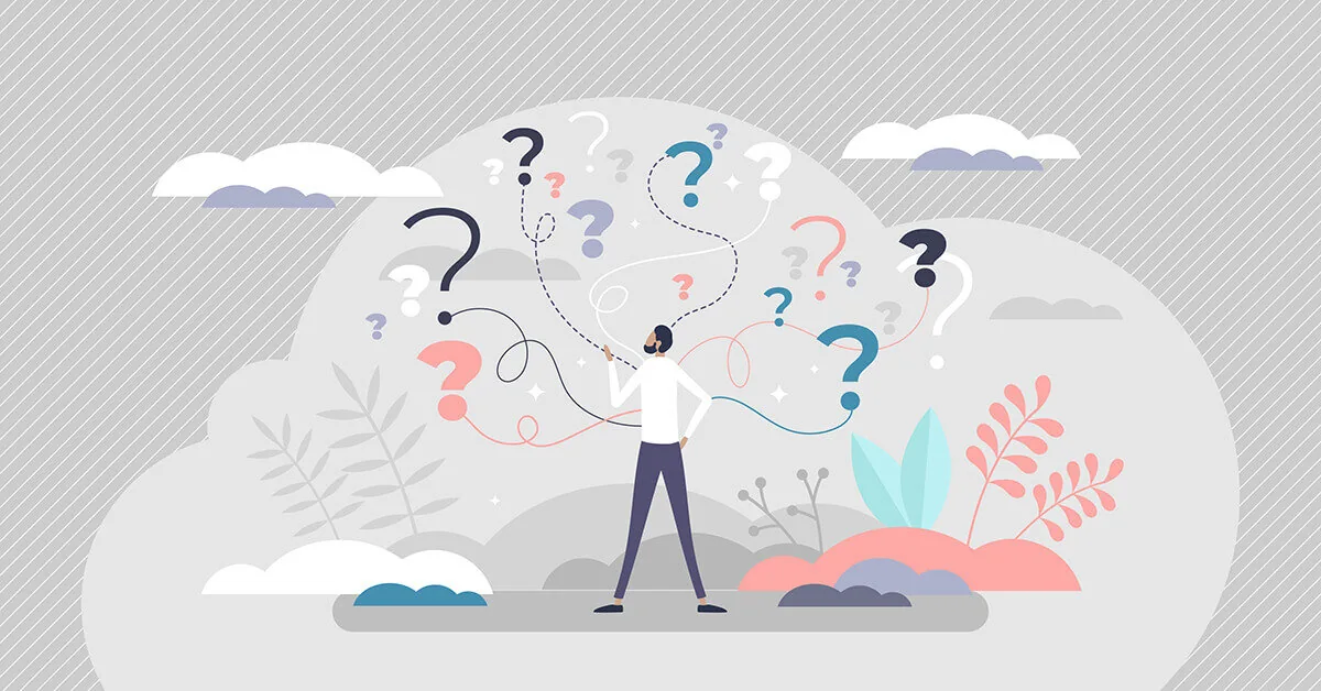 Persona stilizzata circondata da punti interrogativi colorati che rappresentano scelte e ramificazioni nei corsi eLearning