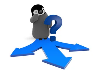 Pinguino stilizzato davanti a un punto interrogativo blu e tre frecce che simboleggiano la scelta in uno scenario interattivo