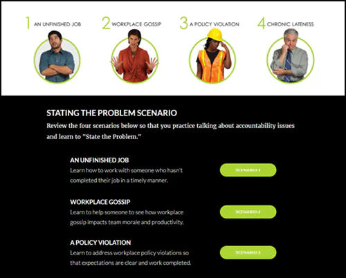 Schermata di uno scenario interattivo in Rise 360 con quattro situazioni lavorative e pulsanti di scelta