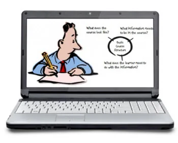 Disegno di uomo che scrive al computer con schema di tre domande chiave per progettare un corso e-learning