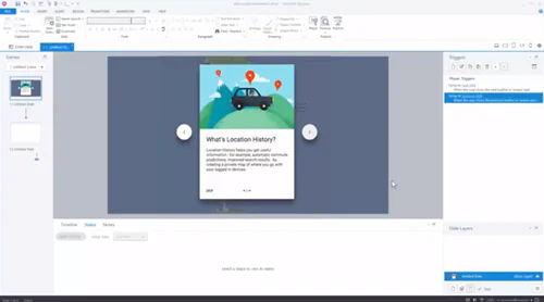 Interfaccia di Articulate 360 con una schermata iniziale e card informativa centrale con pulsanti di navigazione