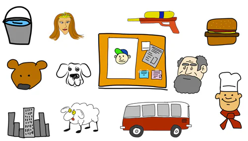 Diversi disegni a mano libera colorati rappresentano oggetti, animali e persone per illustrare idee nei corsi e-learning