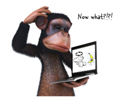 Scimmia animata confusa davanti a un laptop con schermo che mostra un pollice verso e una banana