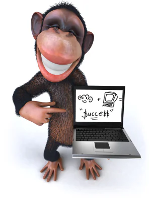 Scimmia sorridente indica un laptop con una formula disegnata che collega idee e tecnologia al successo