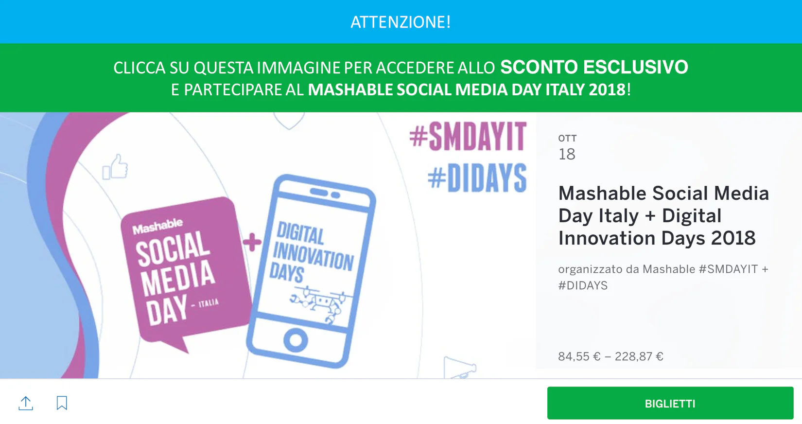 Banner che invita a ottenere uno sconto esclusivo per il Mashable Social Media Day Italy 2018 e Digital Innovation Days