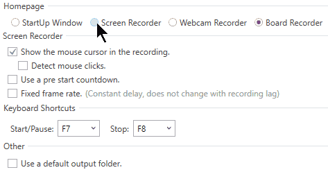 Schermata delle opzioni di registrazione schermo di Screen2Gif con selezione Screen Recorder e scorciatoie da tastiera