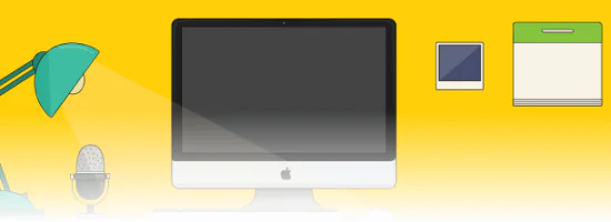 Scrivania digitale con computer, lampada e microfono su sfondo giallo, simbolo della creazione di template eLearning