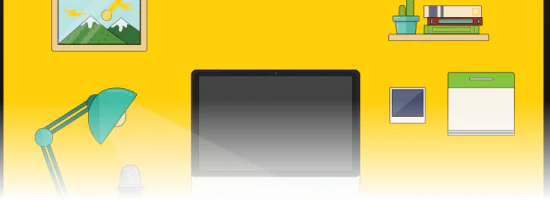 Scrivania digitale stilizzata con computer, lampada, libri e oggetti, esempio di template interattivo per Storyline
