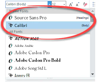 Menu a tendina per la scelta dei font tema in un progetto e-learning con evidenza su Calibri e Source Sans Pro