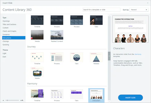 Schermata di Content Library 360 con anteprime di template e-learning per slide interattive e layout