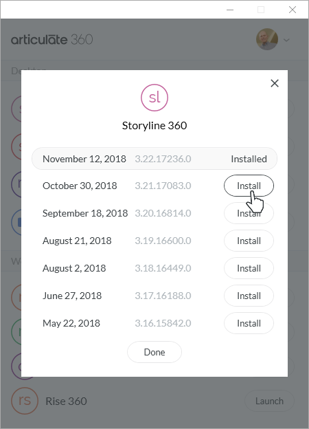 Finestra di Articulate 360 che mostra l’elenco delle versioni precedenti installabili di Storyline 360 con pulsanti Install