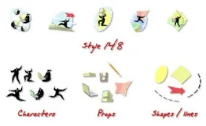 Esempi di clipart suddivise in personaggi, oggetti e forme per riutilizzo nei corsi e-learning