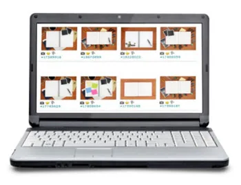 Schermo di un laptop che mostra una selezione di set grafici dallo stile omogeneo per corsi e-learning