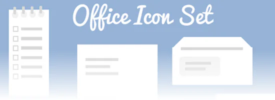Set di icone in stile ufficio con blocco note, busta e schede su sfondo azzurro per template PowerPoint e Storyline