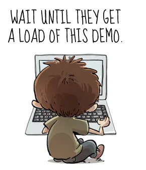 Illustrazione di una persona seduta davanti a un laptop con la scritta motivazionale sulle demo e-learning