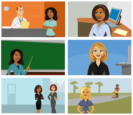 Sei scenari illustrati con personaggi in contesti lavorativi e didattici, ideali come sfondi per corsi e-learning ramificati