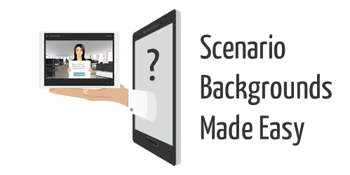 Illustrazione di una mano che tiene un tablet con scenario interattivo in ufficio e testo Scenario Backgrounds Made Easy