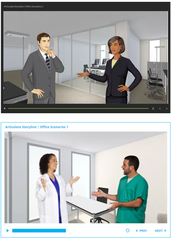Due esempi di scenari ramificati in Articulate Storyline con sfondi per ambienti d’ufficio
