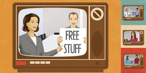 Due personaggi illustrati in ufficio mostrano un cartello con la scritta Free Stuff su uno schermo stile televisore