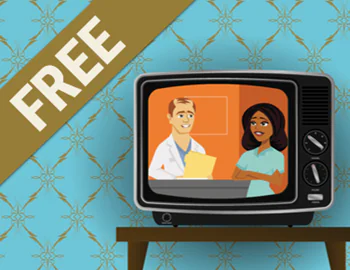 Televisore vintage con due personaggi illustrati su sfondo azzurro decorativo, ideale per scenari e-learning