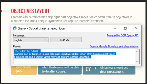 Finestra di ShareX con funzione OCR che estrae testo da una schermata di un corso e-learning in Flash