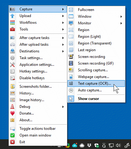Menu di ShareX con l’opzione Text capture OCR selezionata per estrarre testo da una schermata di un corso e-learning