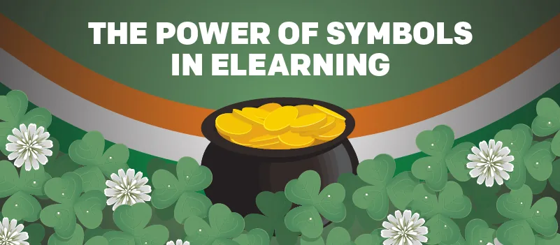 Pentola d’oro circondata da trifogli e fiori bianchi su sfondo verde con scritta sul potere dei simboli nell’eLearning