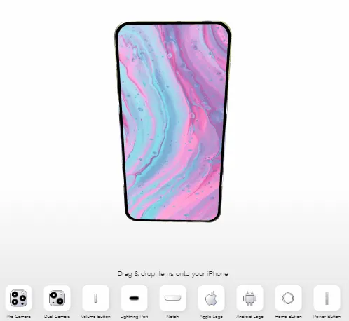 Simulatore interattivo che permette di personalizzare un iPhone trascinando componenti come fotocamera, tasti e loghi