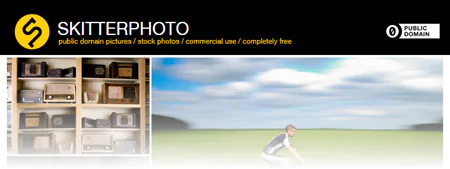 Banner di SkitterPhoto con logo, testo su dominio pubblico e immagini di esempio per risorse e-learning