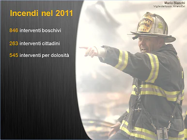 Pompiere in uniforme sfocato sullo sfondo di una slide e-learning con dati sugli incendi in evidenza