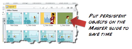 Vista di layout slide master in PowerPoint con oggetti persistenti e freccia che suggerisce di usarli per risparmiare tempo