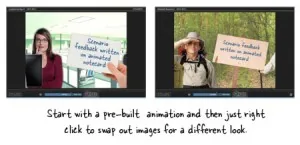 Due slide mostrano scenari interattivi in PowerPoint, uno in ufficio e uno all’aperto per corsi e-learning