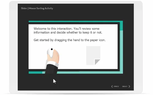 Schermata di un’attività elearning con slider che mostra una mano che trascina un oggetto verso un’icona di foglio