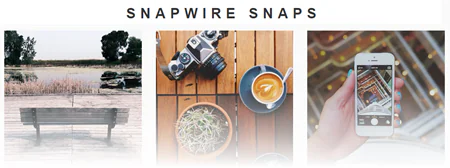 Tre fotografie di Snapwire Snaps mostrano un paesaggio, una tazza di caffè con macchina fotografica e uno smartphone
