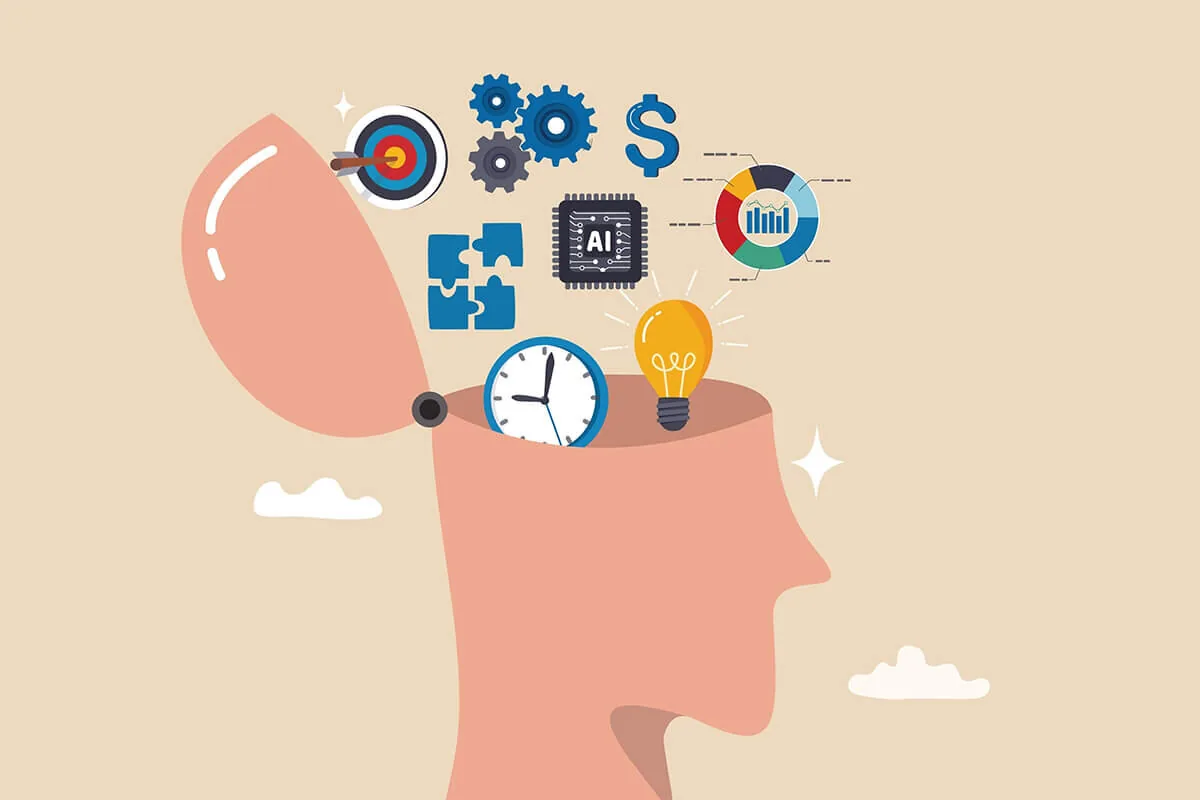 Testa stilizzata aperta con icone di soft skills, ingranaggi, lampadina e simboli di automazione e intelligenza artificiale