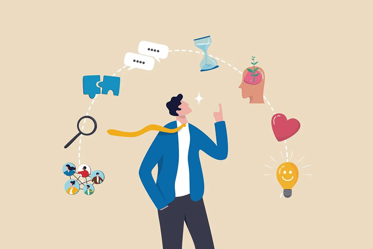 Persona stilizzata circondata da icone che rappresentano comunicazione, empatia, pensiero critico e collaborazione