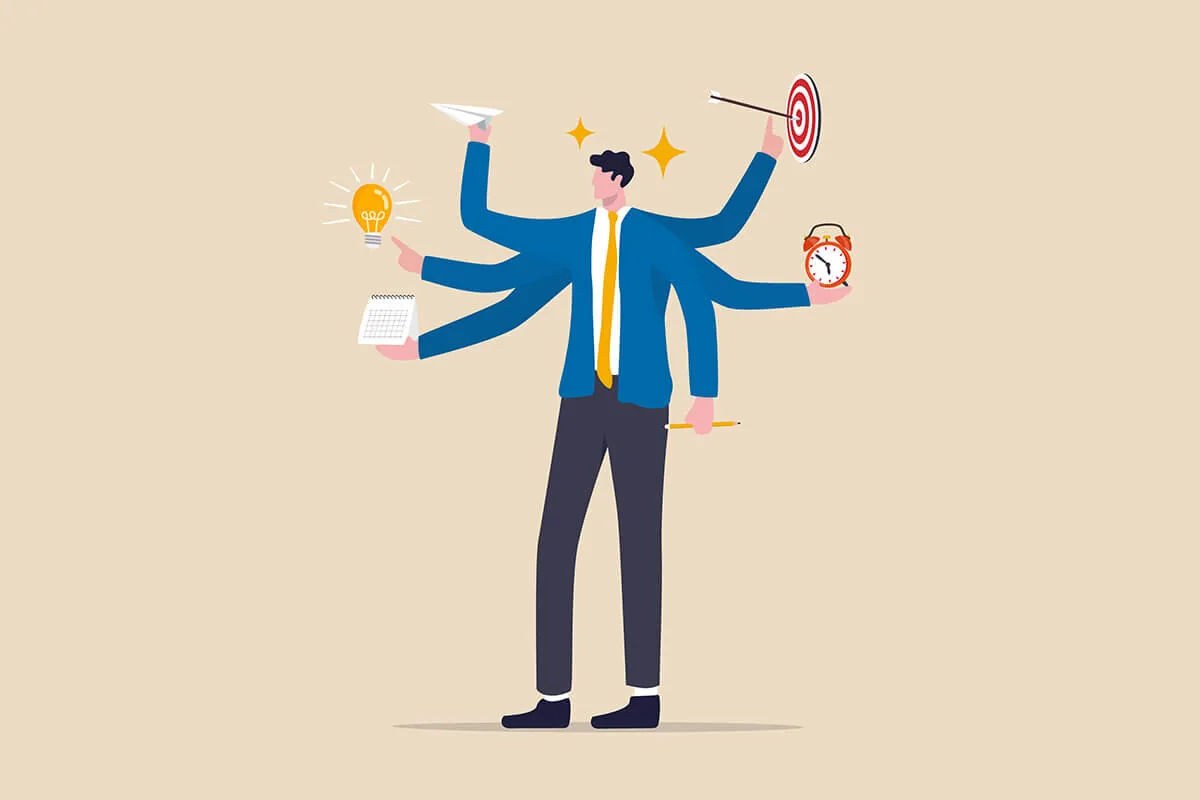 Persona stilizzata con molte braccia che gestisce idee, tempo, obiettivi e creatività, simbolo delle soft skills