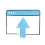 Finestra stilizzata con freccia blu verso l’alto che rappresenta l’upload e la collaborazione in Articulate 360 Teams