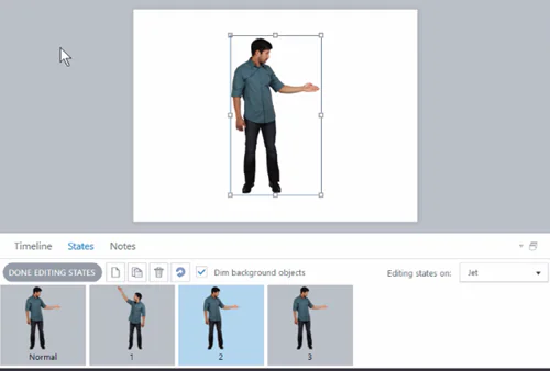 Un personaggio maschile in quattro pose diverse nella schermata degli stati di Articulate 360 per corsi e-learning