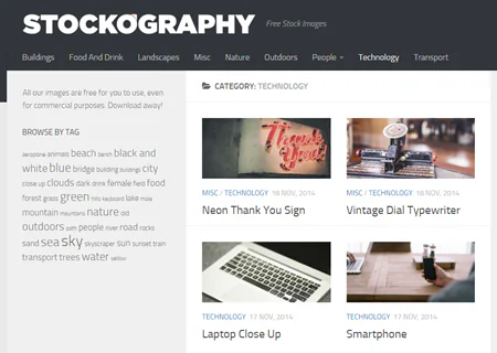 Pagina principale di Stockography con esempi di immagini gratuite e categorie per facilitare la ricerca di foto