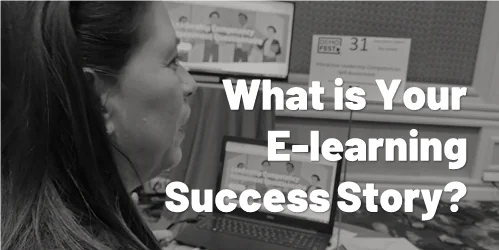 Donna di profilo davanti a un laptop durante un evento e-learning con la domanda What is Your E-learning Success Story