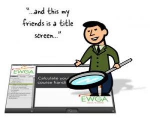Personaggio illustrato indica la schermata iniziale di un corso e-learning con una lente d'ingrandimento