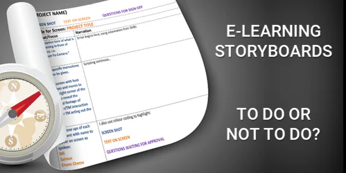 Foglio di storyboard per e-learning con sezioni di progetto e testo sulla scelta di usare storyboard nei corsi digitali
