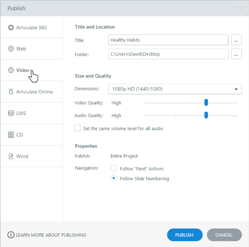 Finestra di pubblicazione di Storyline 360 con opzione video MP4, impostazioni di qualità e navigazione