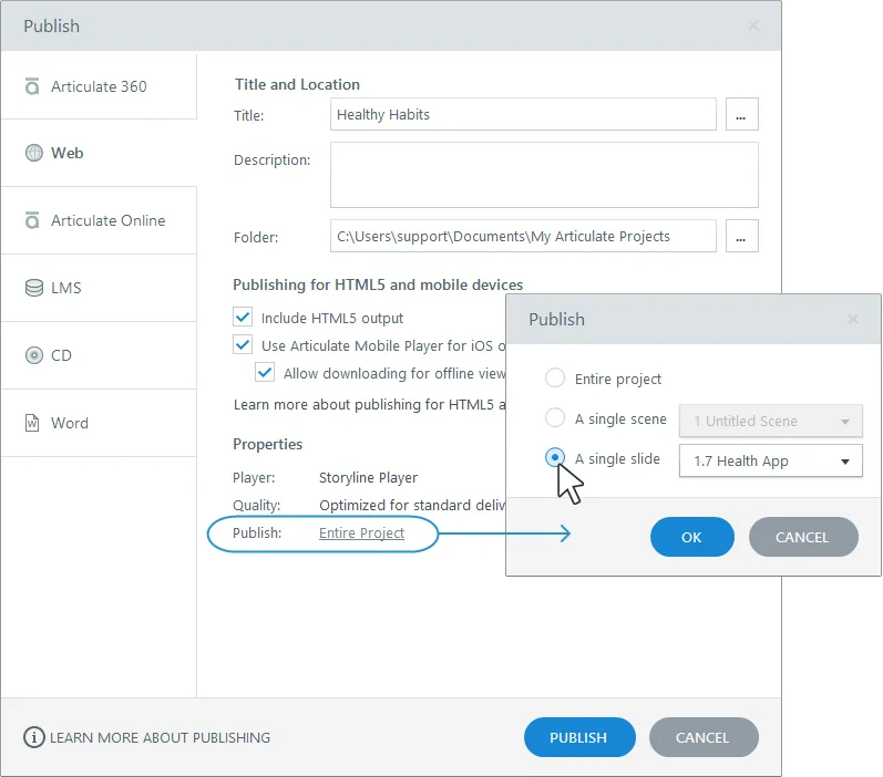Finestra di pubblicazione di Storyline 360 che mostra l’opzione per esportare una singola slide per il web