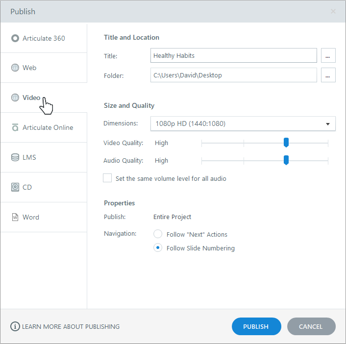 Finestra di pubblicazione di Storyline 360 con opzioni per esportare un progetto in formato video MP4