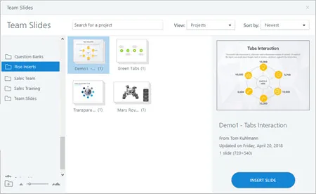 Finestra Team Slides di Storyline 360 che mostra la selezione e l’inserimento di diapositive condivise nei progetti