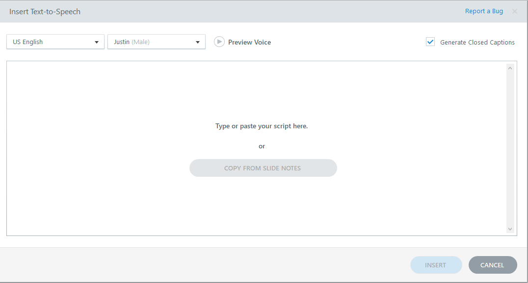 Finestra di Storyline 360 per inserire testo da convertire in audio con opzioni di voce e sottotitoli